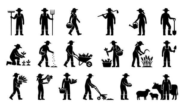 Silhouette of farmers and gardening people, agriculture workers, planting and harvesting icons.