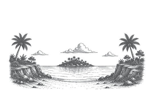 Coastal bay with rocky cliffs and distant islands in vintage lithography style vector illustration for landscape and travel exploration theme