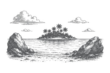 Naklejka premium Tropical island archipelago with rocks and palm trees in detailed pen and ink style vector illustration for maritime and nature background