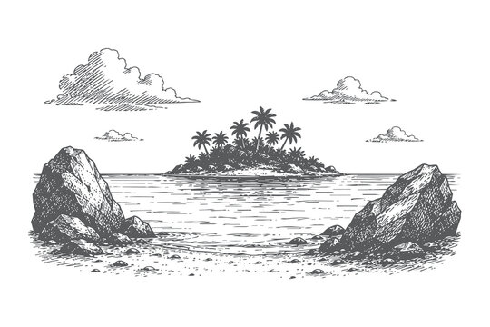 Tropical island archipelago with rocks and palm trees in detailed pen and ink style vector illustration for maritime and nature background