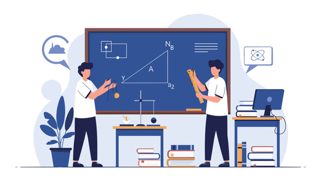 Students conducting physics experiments in a classroom with a blackboard full of diagrams and scientific equipment.