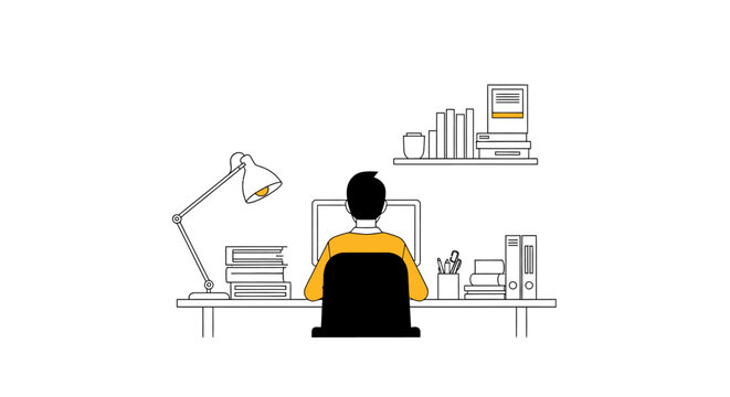 Minimalist Line Art Illustration of a Person Working at a Desk with Computer, Books and Lamp - Remote Work and Productivity Concept