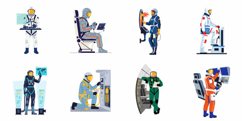 A collection of flat vector illustrations depicting astronauts performing various tasks and duties inside a futuristic spacecraft or space station. © Maya