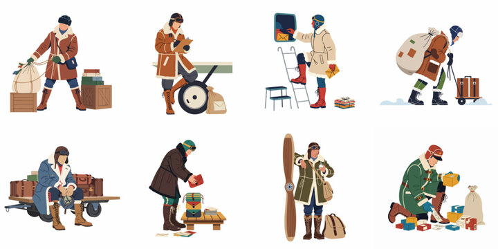Set of Retro Airmail Pilot Illustrations Featuring Aviators in Winter Gear Handling Mail Bags, Packages, and Luggage for Vintage Flight Themes