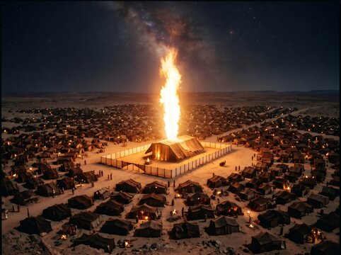 Divine pillar of fire illuminating israelite camp in the desert, symbolizing god's presence and guidance