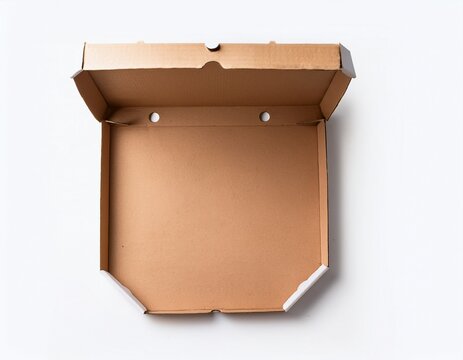 open empty cardboard pizza box flat lay isolated on white background for food delivery concept and restaurant marketing materials takeaway packaging copy space clean design