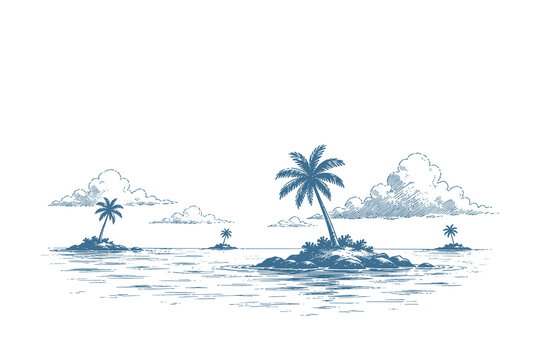 Minimalist tropical island archipelago set with small palm tree islets in hand drawn line art style vector illustration for summer maps and travel icons.