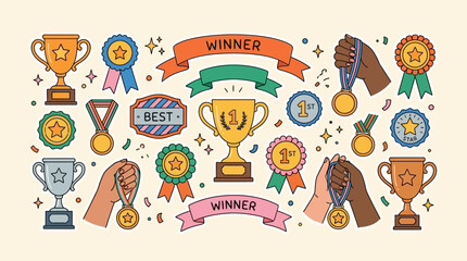 Obraz premium a playful hand-drawn awards and trophies themed vector illustration on a soft cream background