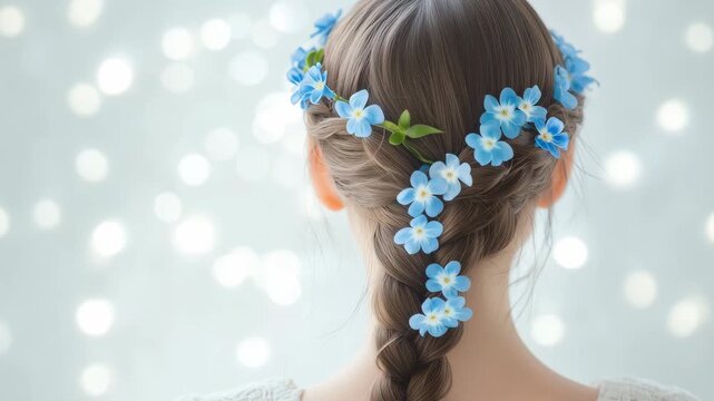 A girl shows a braided hairstyle adorned with blue flowers while standing in a bright space during spring