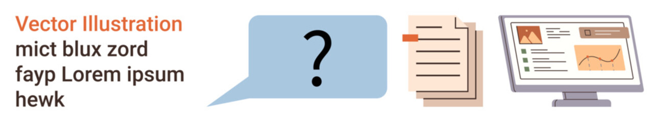 Communication, decision-making, query resolution, digital analytics, document management, information processing. Speech bubble with question mark, document stack, and analytics on screen © robu_s