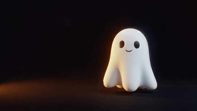 Adorable 3D ghost character animation, pulsing gently with warm lighting on a dark background, perfect for Halloween, spooky themes, or playful concepts, symbolizing innocence, mystery, and fun.