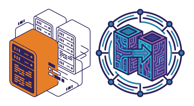 Isometric data center server rack icons for cloud computing and network technology