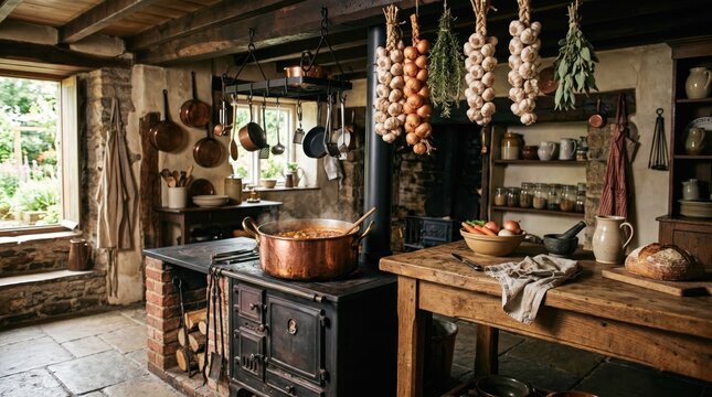 Rustic kitchen interior with wooden table and stone hearth, traditional cooking setup