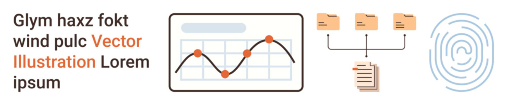 Data analytics, digital security, organization, technology, business solutions, information processing. Graph with trendline, folder structure and fingerprint graphic. Data analytics and digital