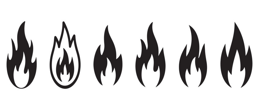 Black flame silhouettes and outlines vector pack for outdoor camping bonfire graphics fireplace maintenance icons and fire safety education materials.