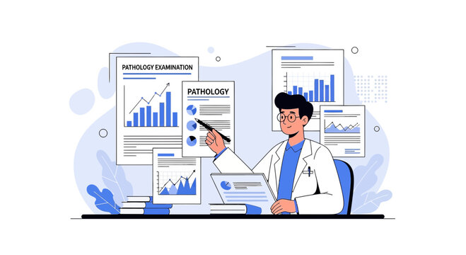 Pathologist Analyzing Medical Reports and Graphs in Laboratory Setting