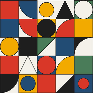 A geometric Bauhaus style pattern featuring minimalist orthogonal grid with colorful circles squares and triangles