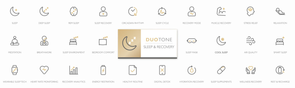 Sleep & Recovery icon set in duotone minimalist line style. Modern editable stroke symbols for wellness, deep sleep, meditation, recovery tracking, relaxation, circadian rhythm and healthy lifestyle.