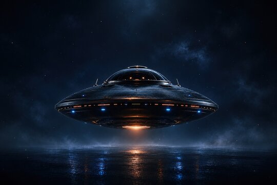 Mysterious futuristic UFO hovering over a reflective surface with cinematic fog and blue lights in a premium nighttime sci-fi scene of alien technology and space exploration