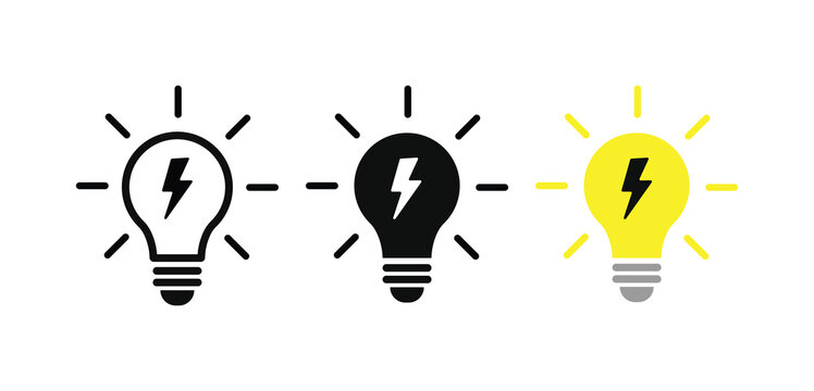 Electric light bulb icon with lightning bolt.   startup thinking power solution. energy power electricity innovation ideas. Electrical spark and thunderbolt icons
