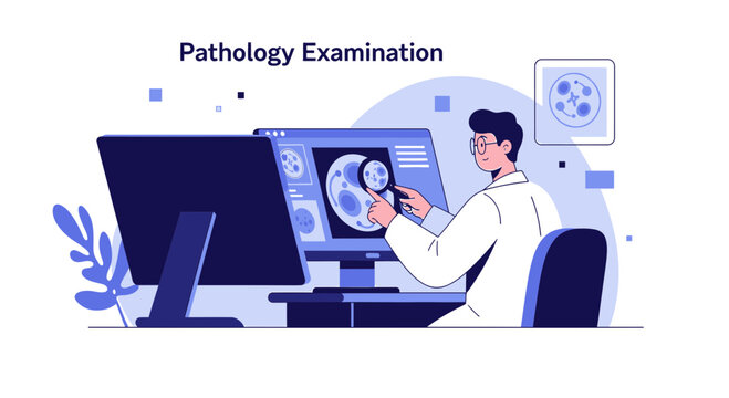 Pathologist examining cell sample on computer screen with magnifying glass, medical research