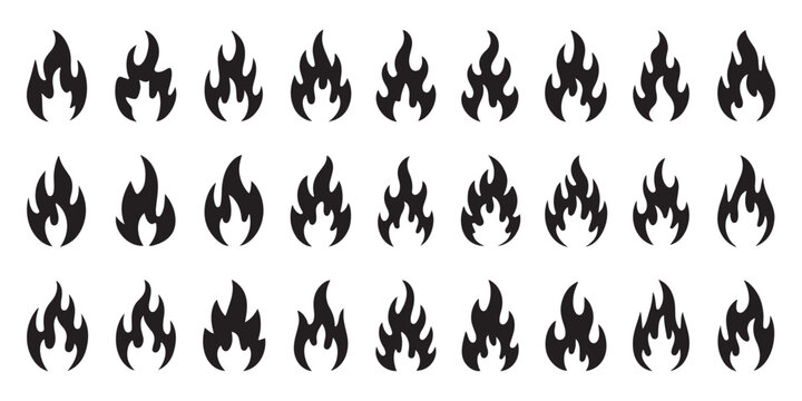 Set of black fire icons isolated on white background, different flame shapes, burn or hot symbols, danger warning signs.