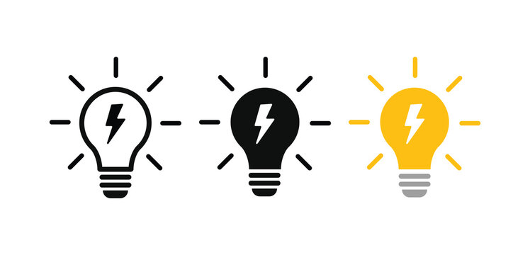 Electric light bulb icon with lightning bolt.  energy power electricity innovation ideas. Electrical spark and thunderbolt icons. startup thinking power solution 
