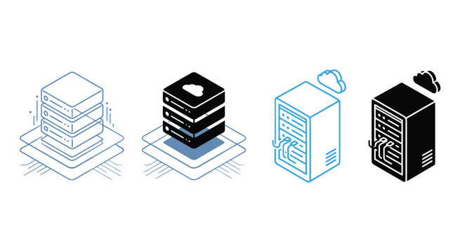 Isometric server and cloud computing icons set for data center network technology