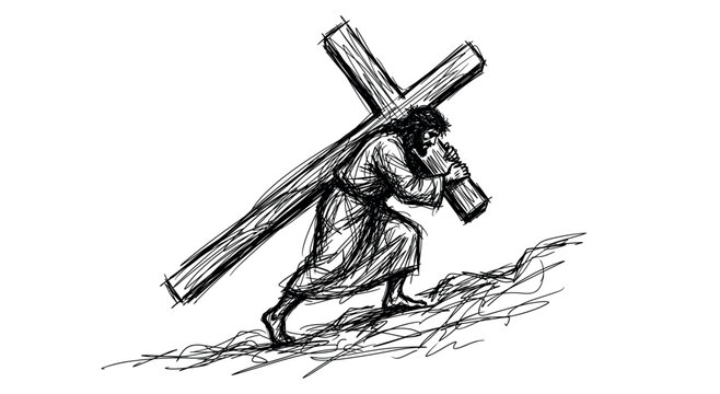 Jesus carrying heavy cross to calvary sketch