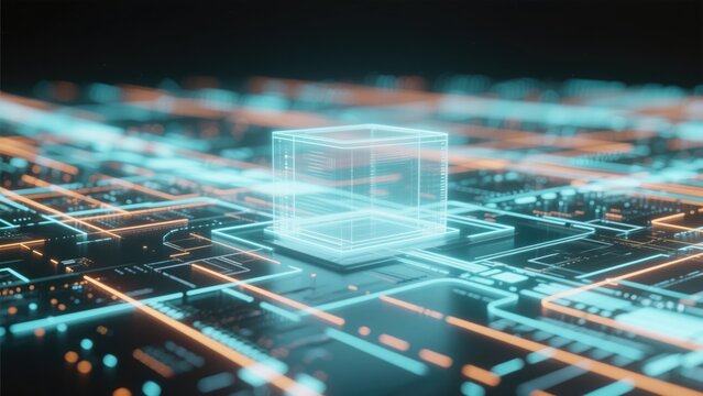 Futuristic IT circuit board background with glowing transparent data cube and advanced digital processing network, idea for AI computing and blockchain technology