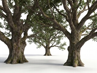 Obraz premium Three large trees with green leaves on white background