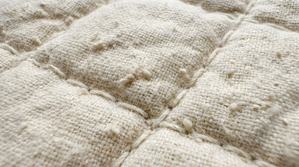 Fototapeta premium Close-up of natural beige quilted fabric, highlighting intricate texture and visible stitching. A soft, cozy textile pattern, evoking warmth and rustic comfort for backgrounds and design