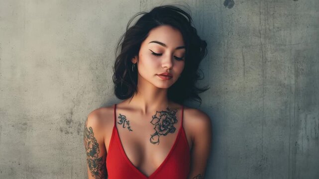 A model stands in front of a concrete wall showcasing a red top and multiple tattoos while posing confidently