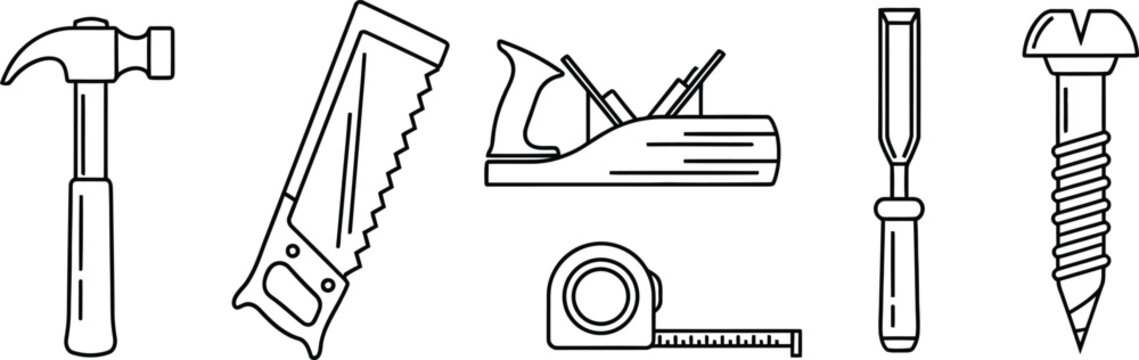 Line of various carpentry tools, including a hammer, handsaw, plane, screwdriver, screw, and tape measure