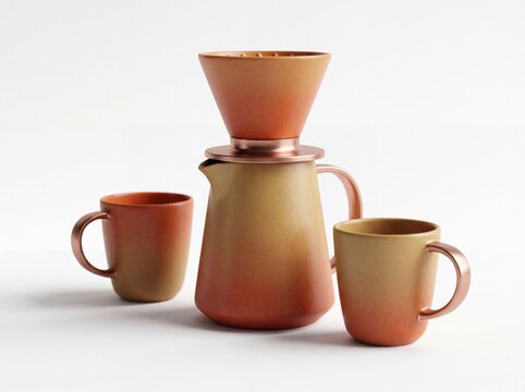 Modern coffee brewing set with pour over cone server and mugs