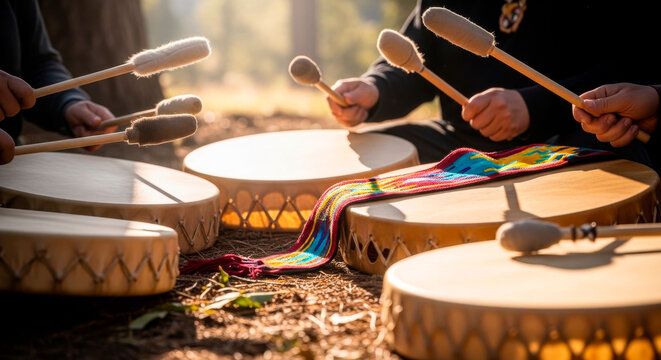 traditional indigenous hand drum circle ceremony with cultural music instruments and community gathering. Useful for heritage celebrations, festivals, and cultural education