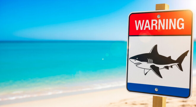 graphic shark warning sign on beach with ocean background and travel safety message. Ideal for coastal tourism, beach awareness, and summer vacation content