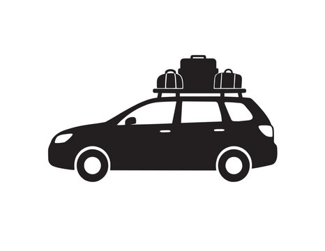 Black vector car with luggage on roof rack, a classic family road trip vehicle, travel and vacation journey icon, isolated graphic resource.