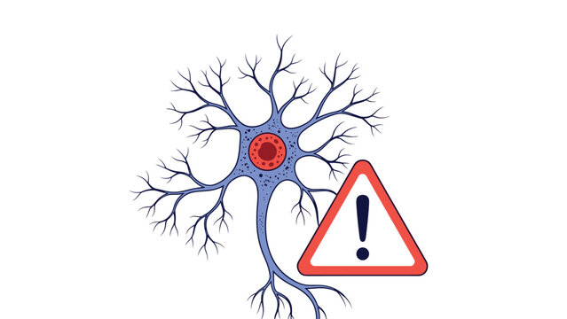 Detailed illustration of a human neuron with a red central damaged area and a large warning sign indicating neurological health issues.