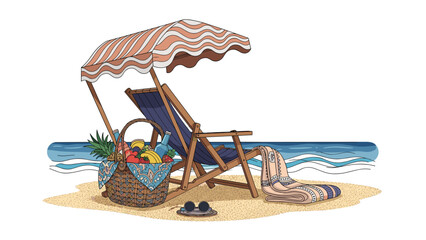 Fototapeta premium Relaxing summer vacation scene features a beach chair under a striped umbrella next to a picnic basket filled with fruit and drinks.