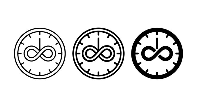 Infinity Clock Icons, Infinite Time Symbol, Endless Loop Watch Vector Graphics