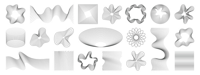 Fototapeta na wymiar Abstract wave line art elements vector set. Minimal geometric contour shapes for poster, cover, branding, background and modern design.