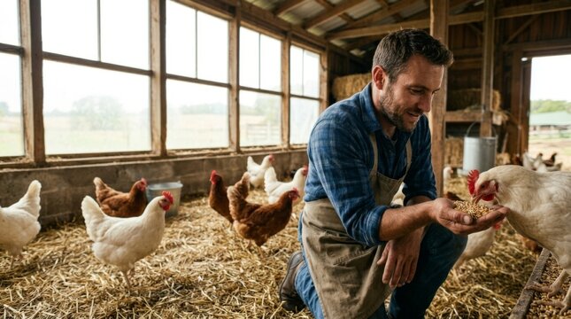 Man holding white hen in hay nest with egg in rustic barn. Bearded farmer caring for poultry. Rural animal husbandry and organic farming concept.