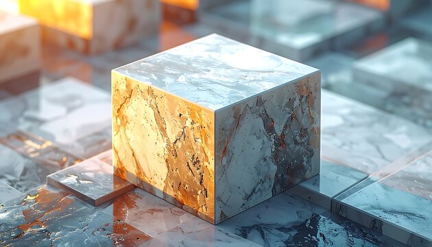 Abstract geometric cube with textured marble surface illuminated by warm golden light, set against a complex grid of metallic blocks, digital art.