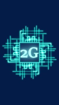 Cyan neon 2G symbol with circuit board design on blue. Cyan neon 2G symbol network. Cyan neon 2G symbol second generation technology.