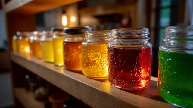 Colorful liquids in glass jars on wooden shelf