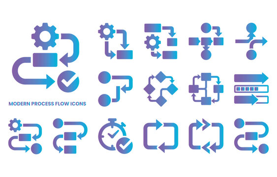 Modern process flow icons set for workflow diagrams and business process mapping.