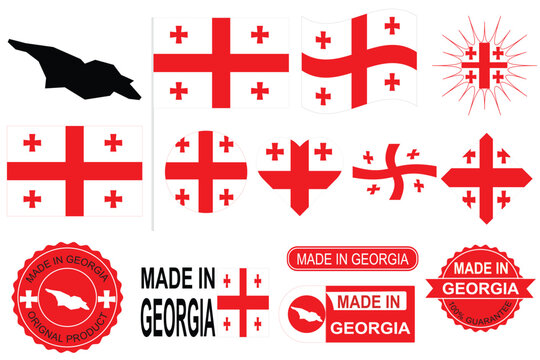 Professional Georgia vector collection featuring national flag variations, country map silhouette, five cross flag symbols and made in Georgia badges. Ideal for national identity and branding.