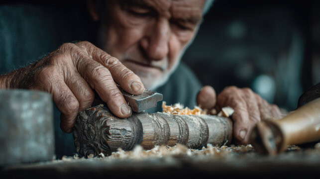 Senior artisan carving detailed wooden spindle in traditional woodworking workshop, close up craftsmanship photography featuring handmade furniture production, carpentry tools and authentic rustic art