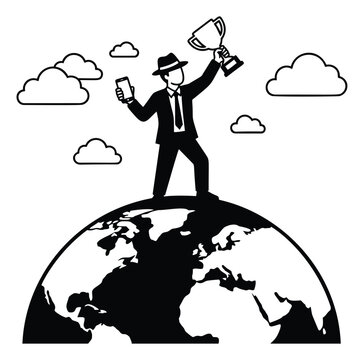 Silhouette illustration of businessman standing on globe depicting world domination with trophy and smartphone for business and success design